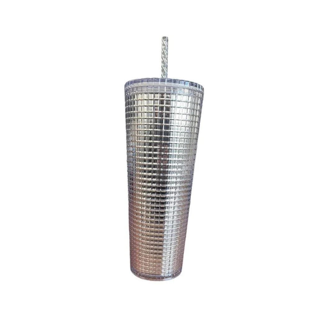 Starbucks Tumbler Silver Chrome Grid Ombre Gradient Cold Cup Swirl Straw Venti